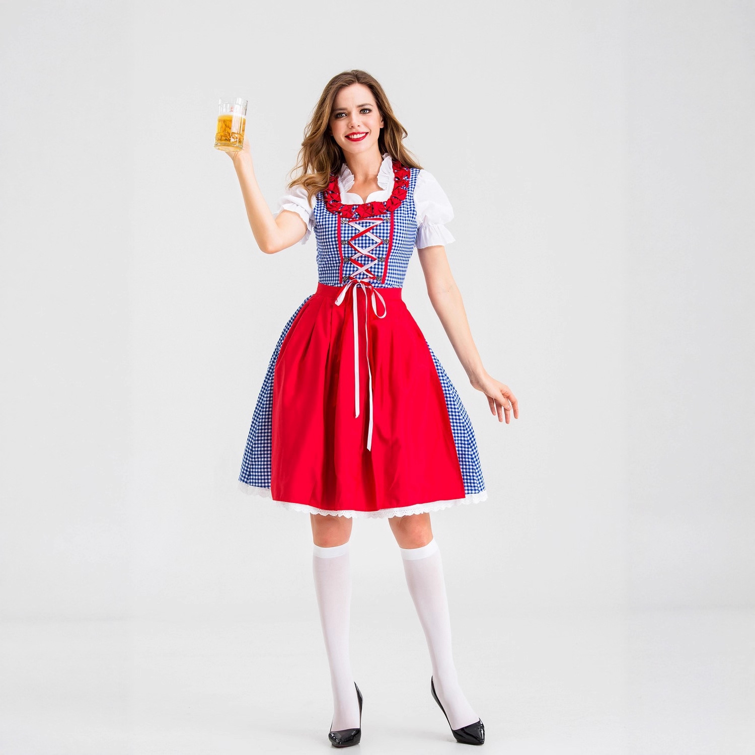 Beer & Wine Downtown - Women German Dirndl Dress Plaid Check